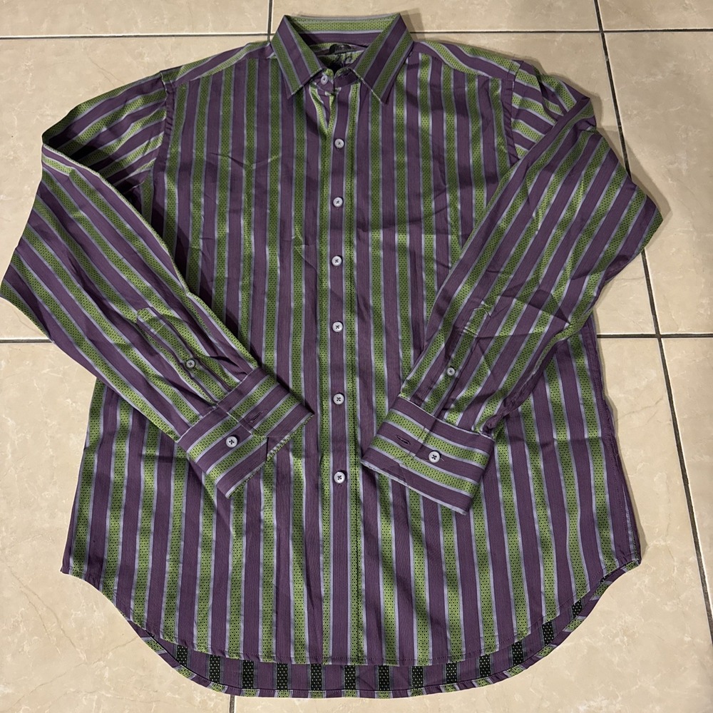 Robert Graham Shirt Mens M Purple Metallic Green Stripes Button Halloween Joker